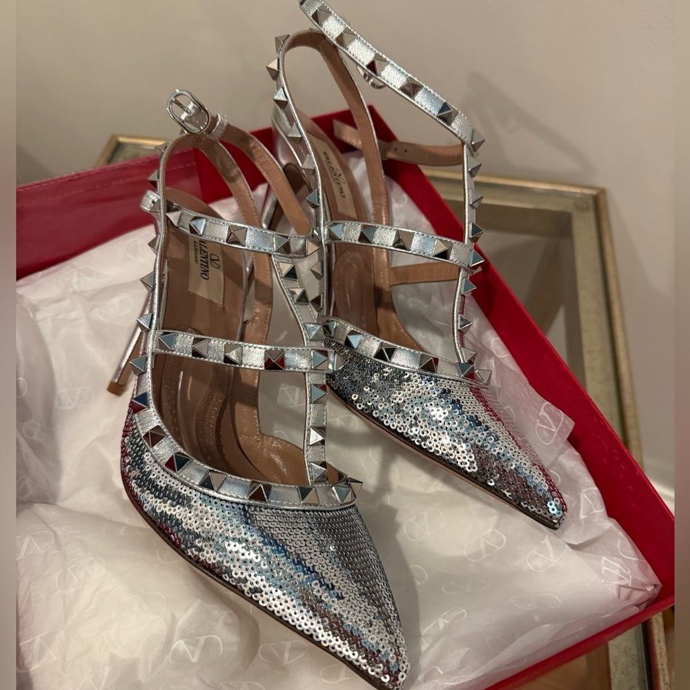 Valentino Silver Studded Sequin Heels